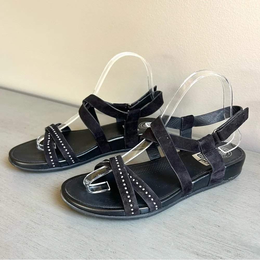FitFlop Lumy Women Black Strappy Suede Studded Wedge Sandals Sz 8 Comfort